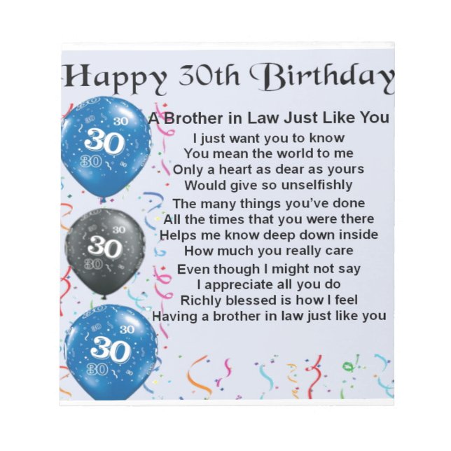Brother in Law Poem 30th Birthday Notepad (Front)