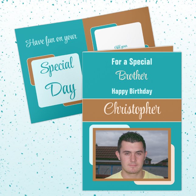 Brother name photo turquoise brown birthday card (Creator Uploaded)