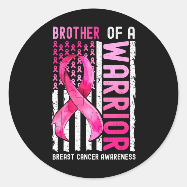 Brother Of A Warrior Breast Cancer Usa Flag Awaren Classic Round Sticker (Front)
