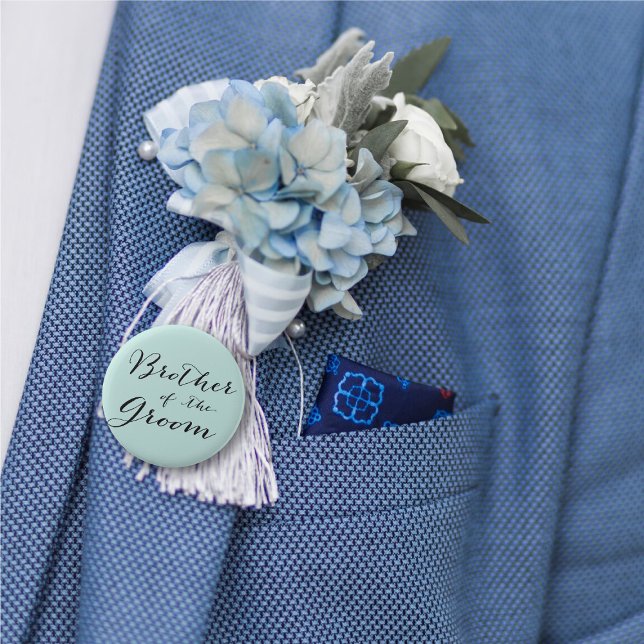 Brother of the Groom Wedding Bridal Party Button ('Brother of the Groom' Classic Script Calligraphy Wedding Rehearsal Pin Button @ fatfatin_blue_knot)