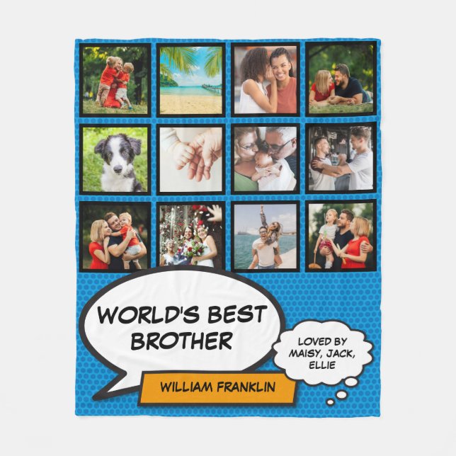 Brother Photo Collage Modern Cool Fun Comic Blue Fleece Blanket (Front)