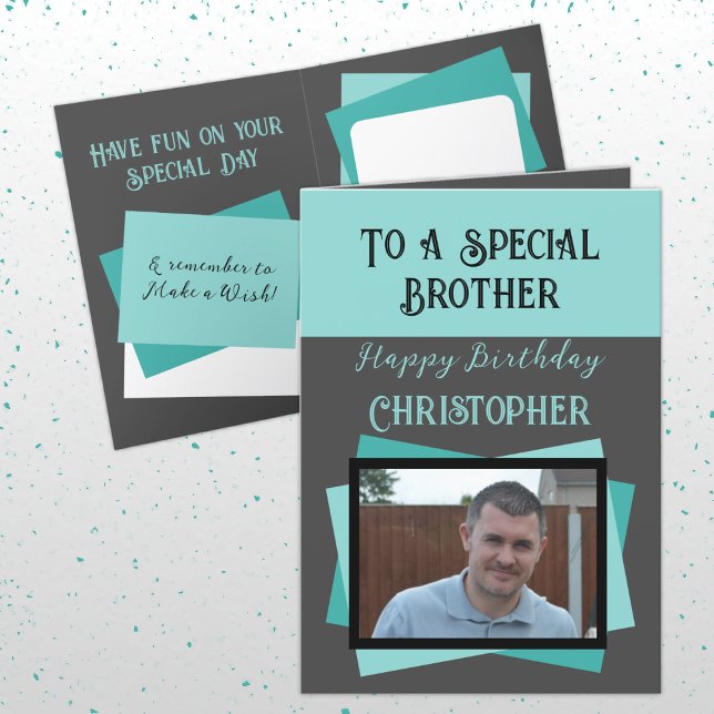 Brother photo name grey turquoise birthday card (Creator Uploaded)