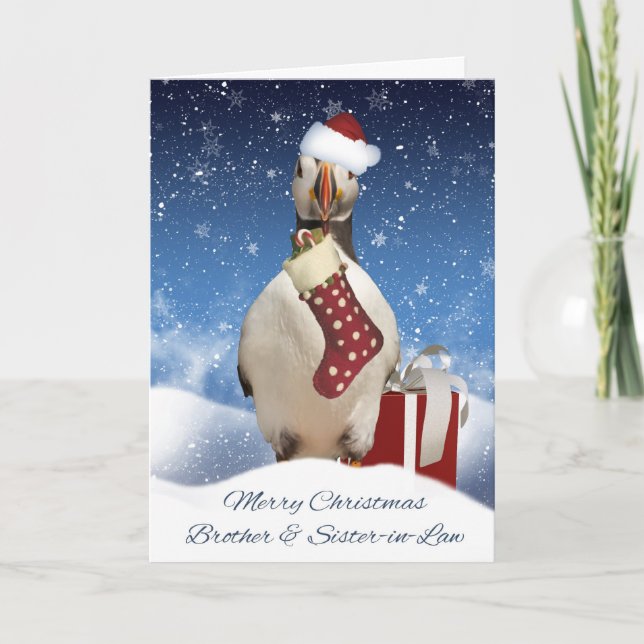 Brother & Sister-in-Law Puffin Christmas Greeting Holiday Card (Front)