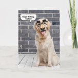 Brother's Birthday Golden Retriever with Mask Card<br><div class="desc">Golden retriever wearing a funny moustache mask on grey brick wall and wood floor with speech bubble for Brother's birthday.
Can be changed for anyone's birthday. Text is editable.</div>