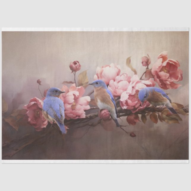 Brothers Bluebirds and Flowers Decoupage Tissue Paper (Front)