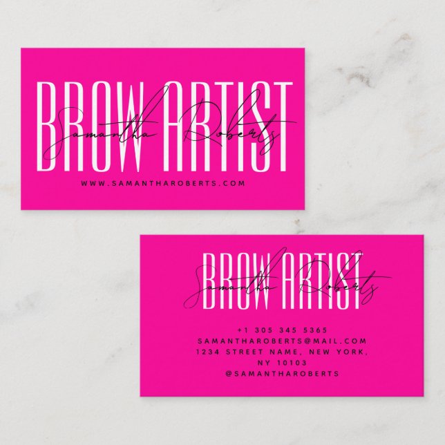 Brow artist modern typography script neon pink business card (Front/Back)