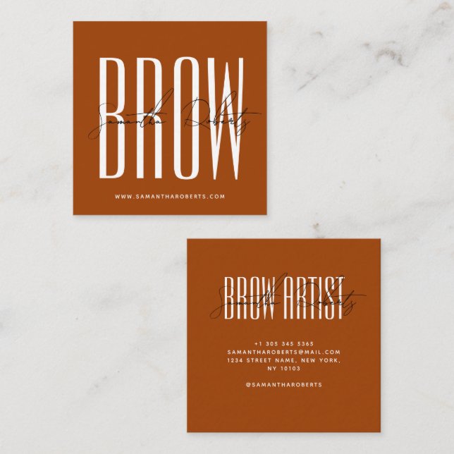 Brow artist modern typography script terracotta square business card (Front/Back)