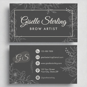 Brow Artist Moody Charcoal Gray Floral Modern Business Card