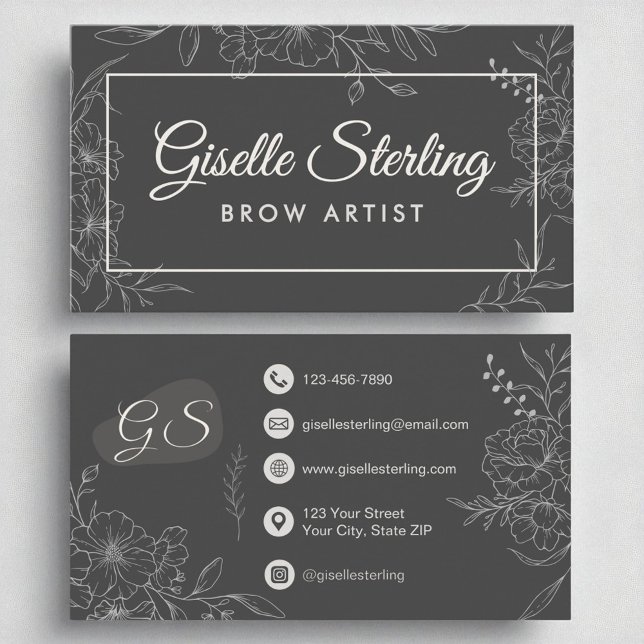 Brow Artist Moody Charcoal Grey Floral Modern Business Card (Creator Uploaded)