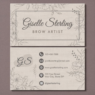 Brow Artist Neutral Linen Floral Line Art Script Business Card