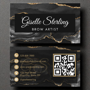 Brow Artist QR Code Black Gold Agate Luxury  Business Card