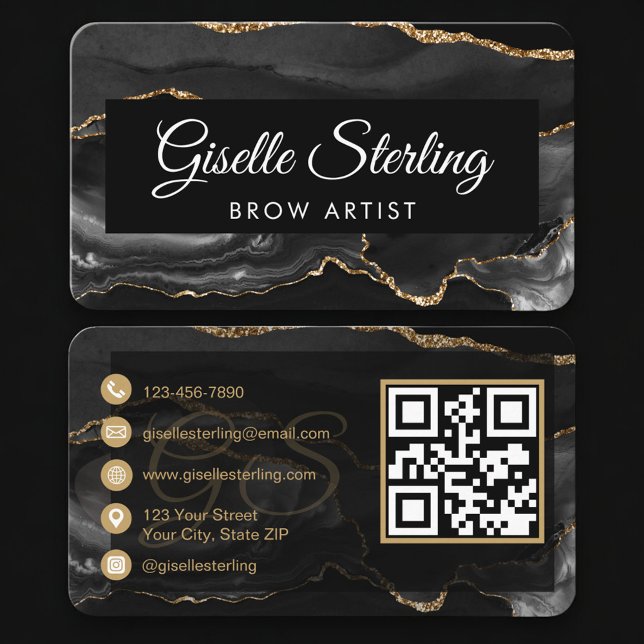 Brow Artist QR Code Black Gold Business Card (Creator Uploaded)