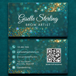 Brow Artist Teal Gold Glitter QR Code Luxury Business Card