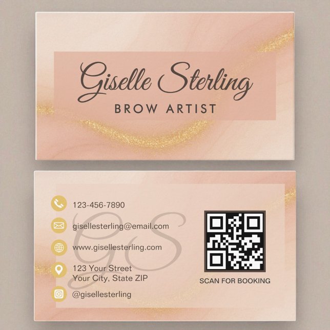 Brow Artist Watercolor Gold Monogram QR Code Business Card (Creator Uploaded)