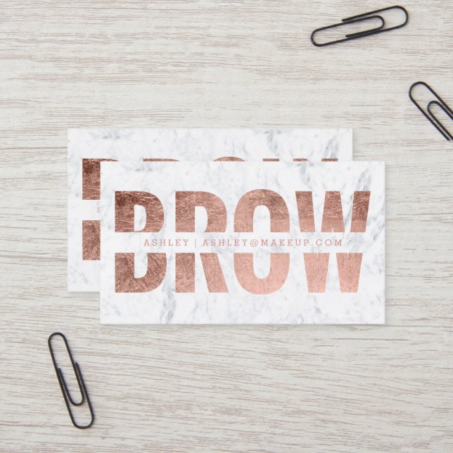 Brow cut out faux rose gold typography marble business card (Front/Back In Situ)