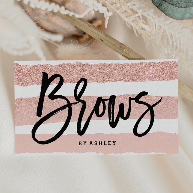 Brow modern elegant typography rose gold stripes business card (Creator Uploaded)