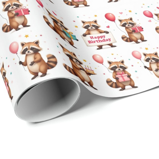 Brow Racoon Birthday Celebration Scene - Birthday Wrapping Paper (Roll Corner)