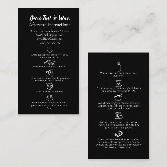 Brow Tint & Wax Aftercare Instructions  Business Card (Front/Back)