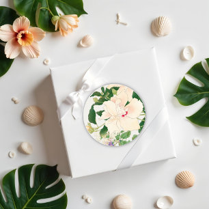 Browallia & Hibiscus Flowers -Japanese woodblock Classic Round Sticker