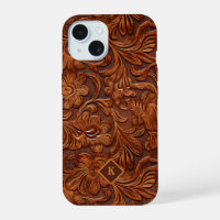 Brown 3-D tooled leather floral pattern 2 monogram