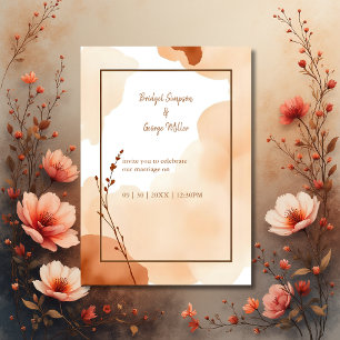 brown abstract boho minimal floral wedding invitation