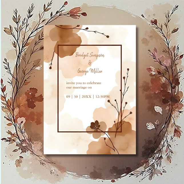 brown abstract boho minimal floral wedding invitation (Creator Uploaded)
