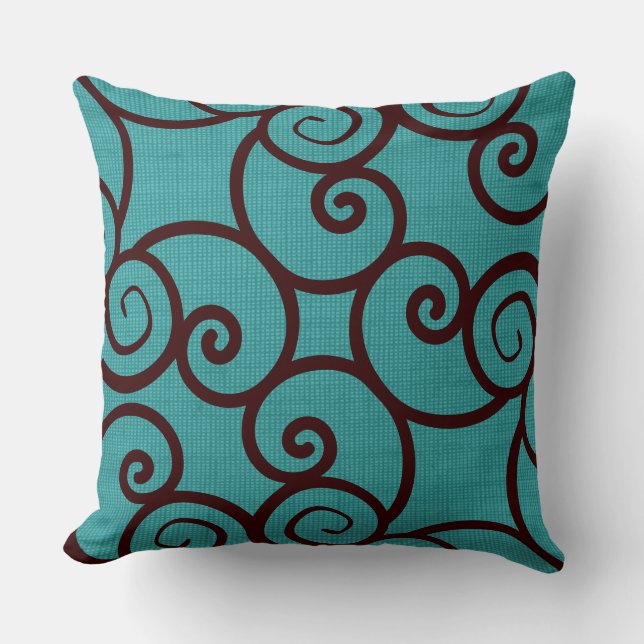Brown Abstract Pattern on a Teal  on Teal Pattern Cushion (Front)
