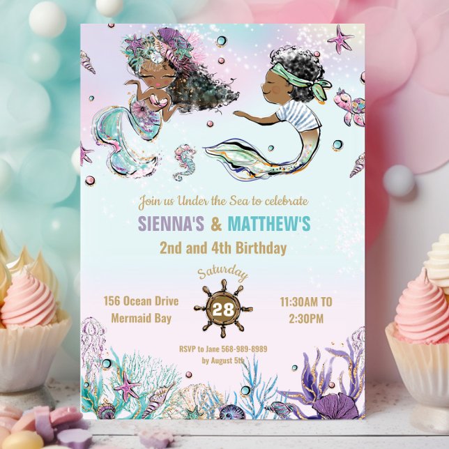 Brown African Mermaid Pirate Twins Joint Birthday Invitation (Creator Uploaded)