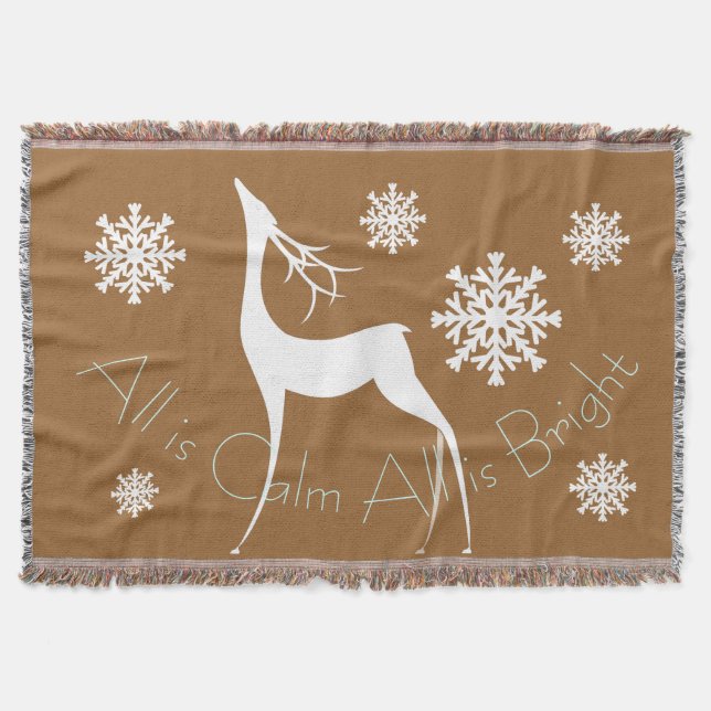 Brown All is Calm All is Bright Deer Holiday Throw Blanket (Front)