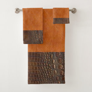 Brown Alligator Hide and Carmel Vintage Leather Bath Towel Set