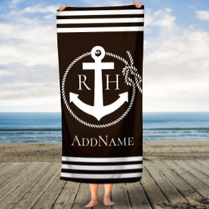 Brown Anchor Rope Stripes Custom Bath Towel