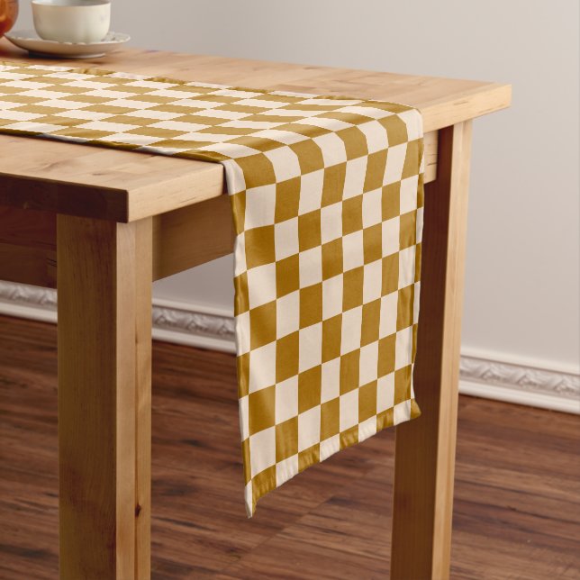 Brown and beige checkerboard pattern short table runner (In Situ)