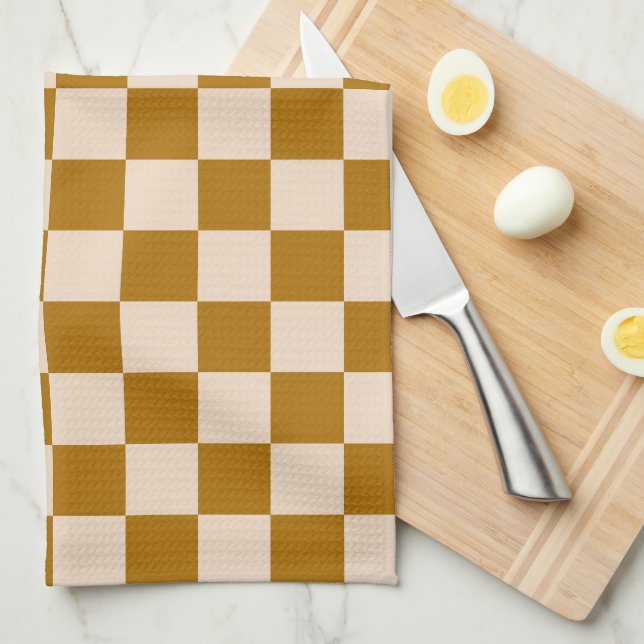 Brown and beige checkerboard pattern tea towel (Quarter Fold)