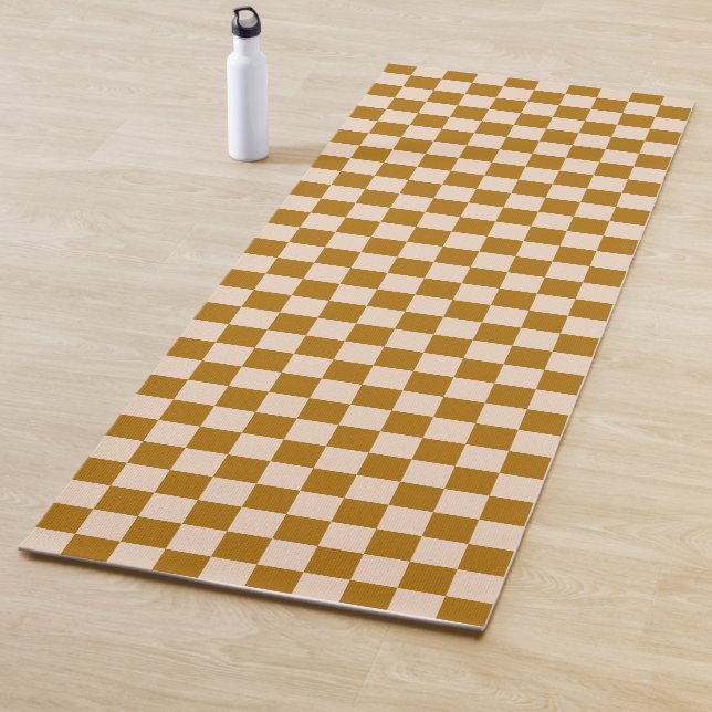 Brown and beige checkerboard pattern yoga mat (In Situ)