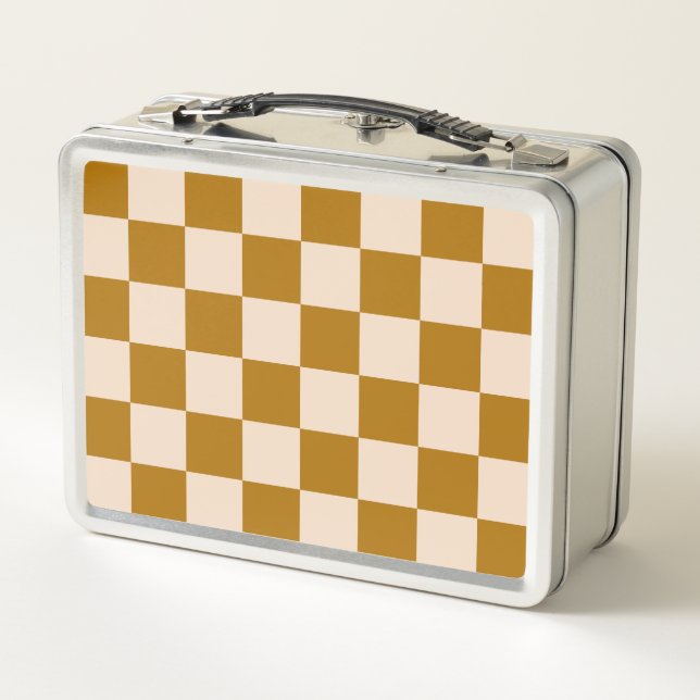 Brown and beige chequerboard pattern metal lunch box (Back)
