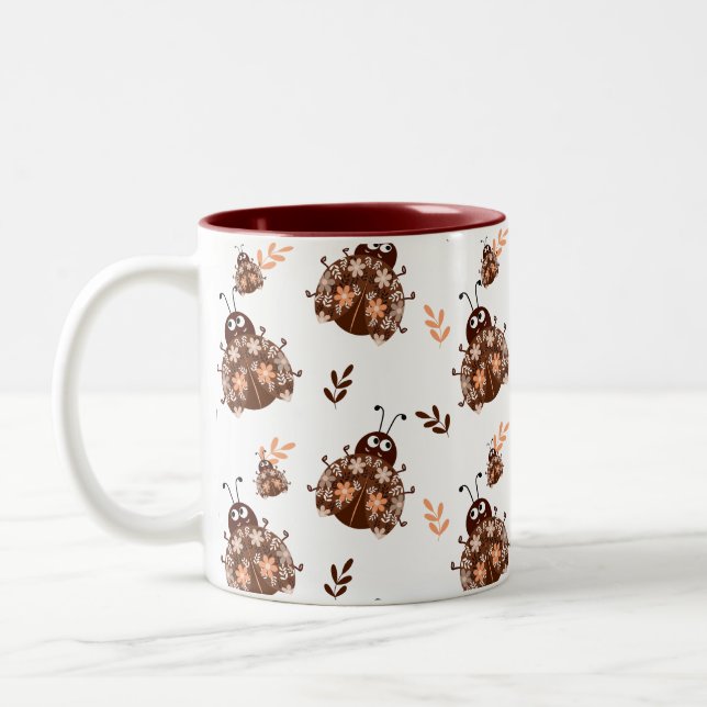 Brown and Beige Ladybug and Flower Pattern  Two-Tone Coffee Mug (Left)