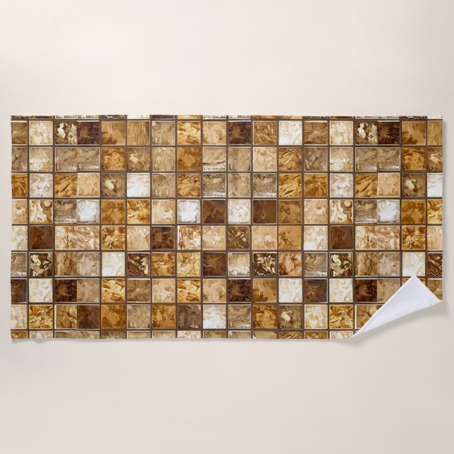 Brown and Beige Mosaic Tile Wall Beach Towel (Front)