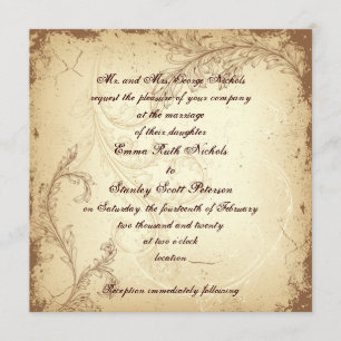 Brown and beige scroll leaf vintage wedding invitation