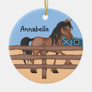 Brown and Black Horse on a Farm Ceramic Tree Decoration