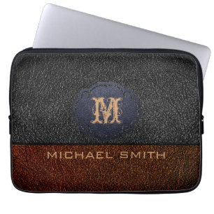 Brown and Black Leather. Custom Monogram Laptop Sleeve