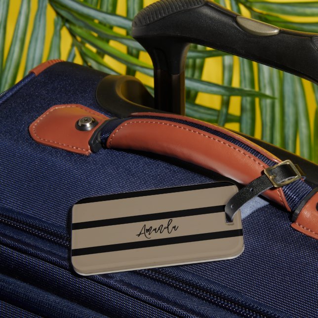 Brown and black stripes pattern personalised luggage tag (Front Insitu 3)