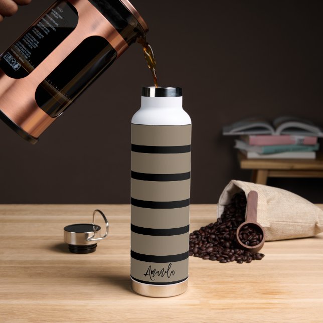 Brown and black stripes pattern personalised water bottle (Coffee)