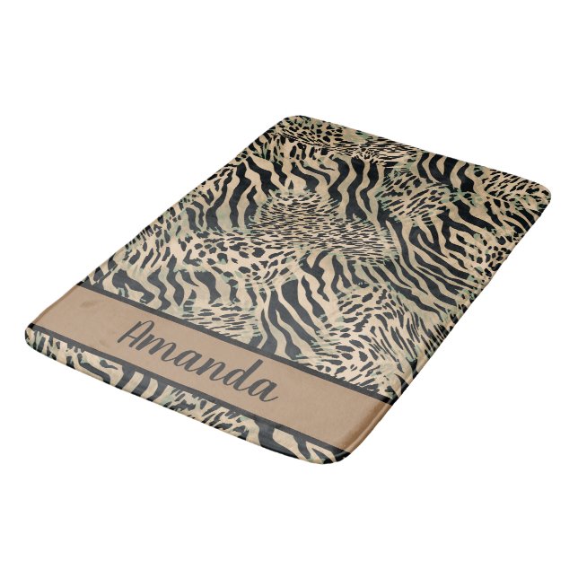 Brown and black tiger and zebra print bath mat (Angled)