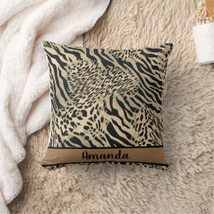 Brown and black tiger and zebra print cushion