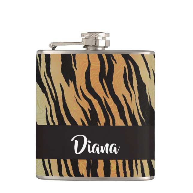 Brown and black tiger print hip flask (Front)