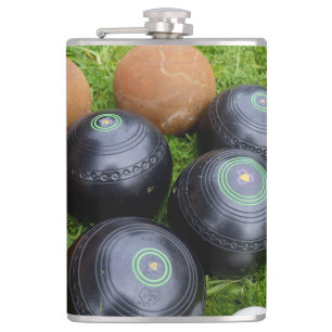 Brown And Black Vintage Lawn Bowls, Hip Flask