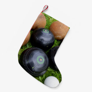 Brown And Black Vintage Lawn Bowls, Small Christmas Stocking