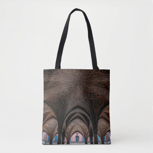 Brown and black wooden building interior tote bag (Front)