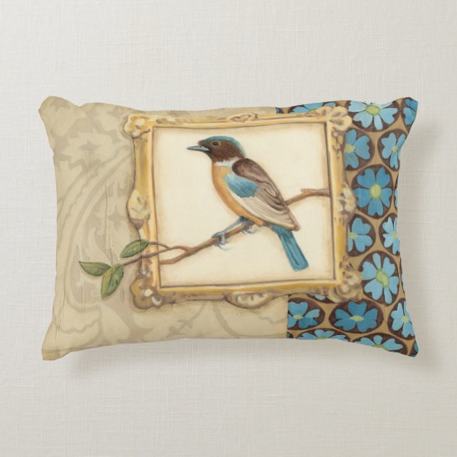 Brown and Blue Bird on a Branch Looking Up Decorative Cushion (Front)