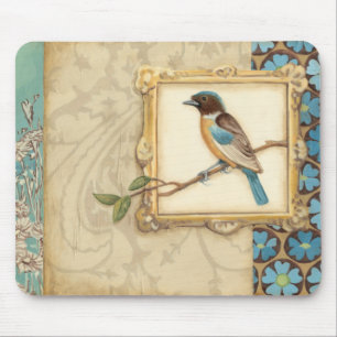 Brown and Blue Bird on a Branch Looking Up Mouse Pad
